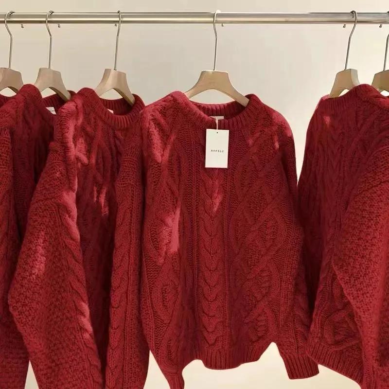 Women's Loose-fitting Autumn and Winter Cable Knit Sweater Winter Lazy Style Thickened Knitted Pullover Top