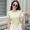 Gray Lace Trim Short Sleeve T-Shirt for Women Summer Ruched Waist Slimming Regular Shoulder Bow Embroidered Top