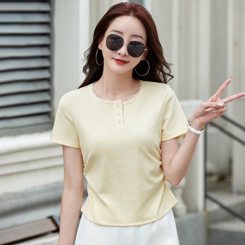 Gray Lace Trim Short Sleeve T-Shirt for Women Summer Ruched Waist Slimming Regular Shoulder Bow Embroidered Top