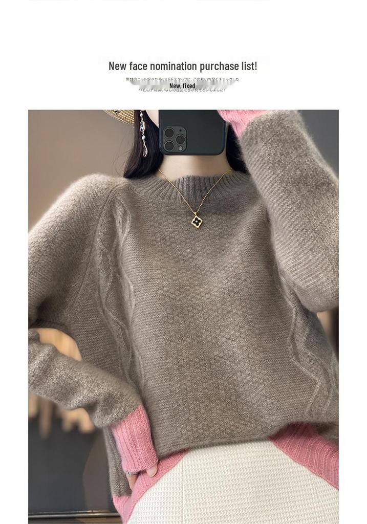 Women's Color-Block Knit Wool Sweater: Slimming, Thick, Round Neck Base Layer for Autumn and Winter