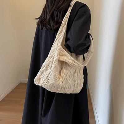 Korean Chic Knitted Floral Shopping Tote - Casual Large Capacity Handheld Shoulder Bag with Woven Vest Design