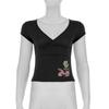 2026 Šik květinový úzký crop top s výstřihem do V a výšivkou pro ženy - Jaro/Léto Sladký a pikantní design