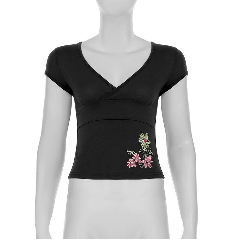 2026 Šik květinový úzký crop top s výstřihem do V a výšivkou pro ženy - Jaro/Léto Sladký a pikantní design