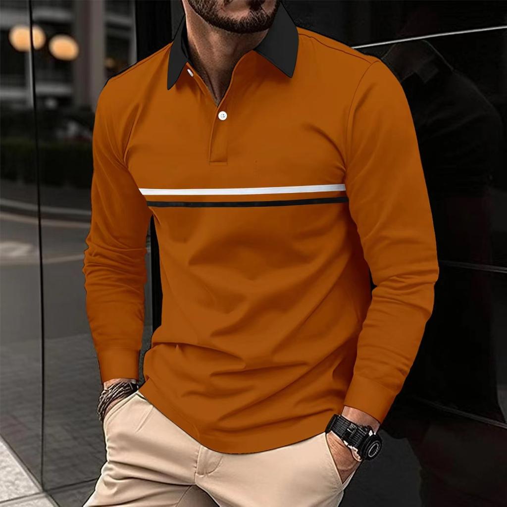 Autumn men's casual solid color POLO shirt with lapel button and men's long sleeved striped POLO shirt
