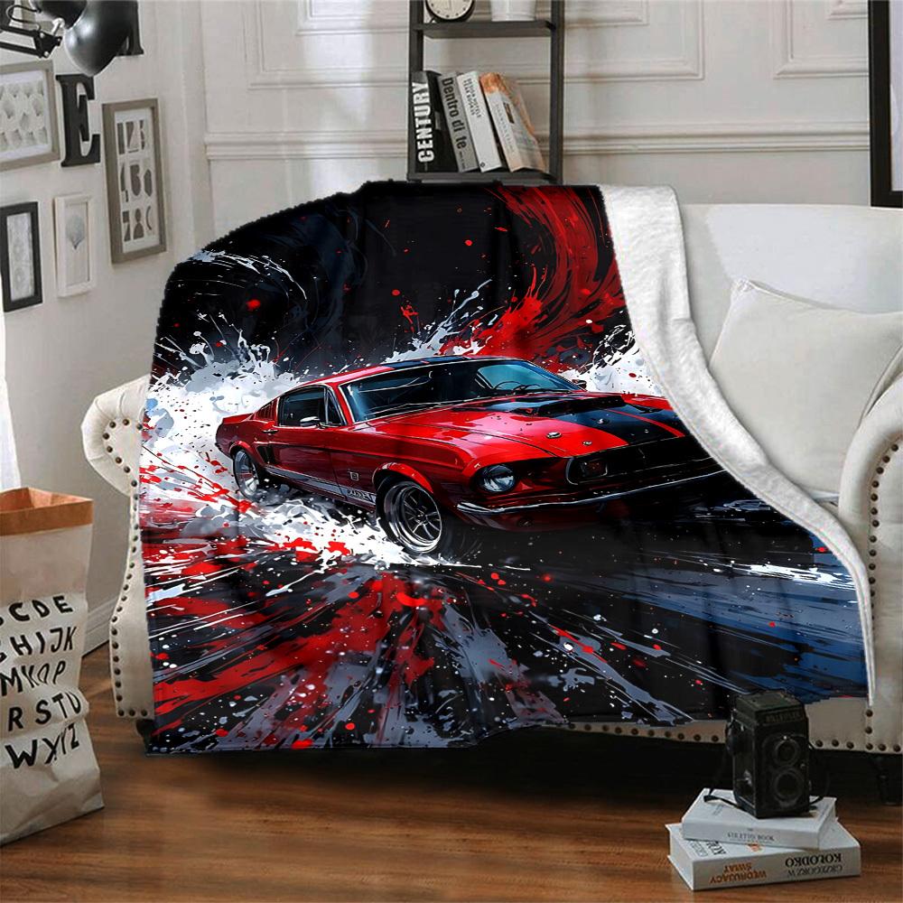 1pc Classic Muscle Car Flannel Blanket [Cozy Throw Blanket] For Sofa, Bed, Travel, Camping, Livingroom, Office, Couch, Chair, And Bed