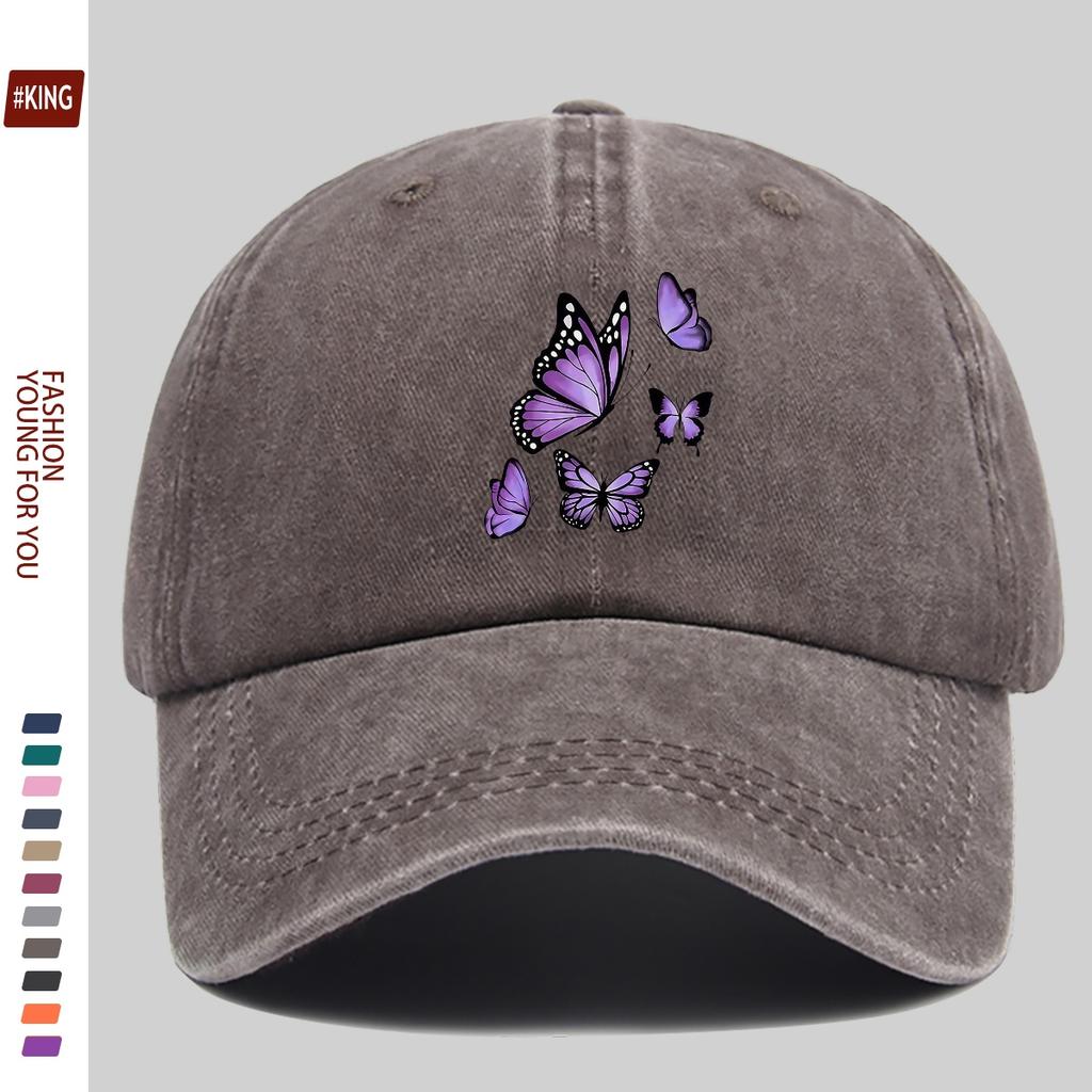 New Simple Versatile Butterfly Print Washed Vintage Soft Top Sunshade Baseball Cap Unisex Baseball Cap