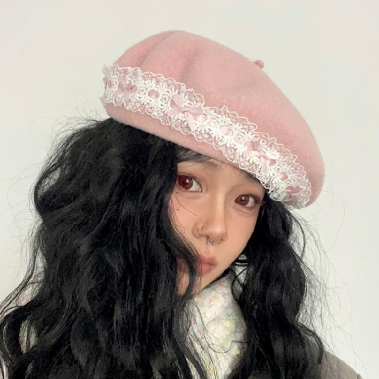 Lace Bows Cabbie Hat for Women Hat Dark Lace Vintage Cabbie Caps Unisex Headwear Autumn Winter Hat for Daily Wear