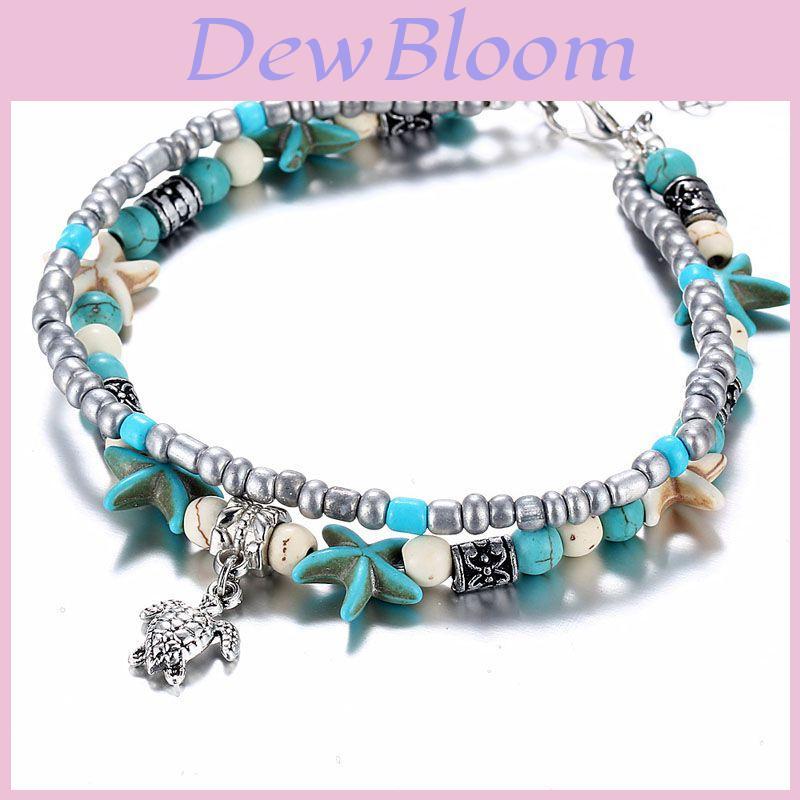 Vintage Blue Starfish Shell Anklet Beach Turtle Anklet Vacation Rice Bead Anklet