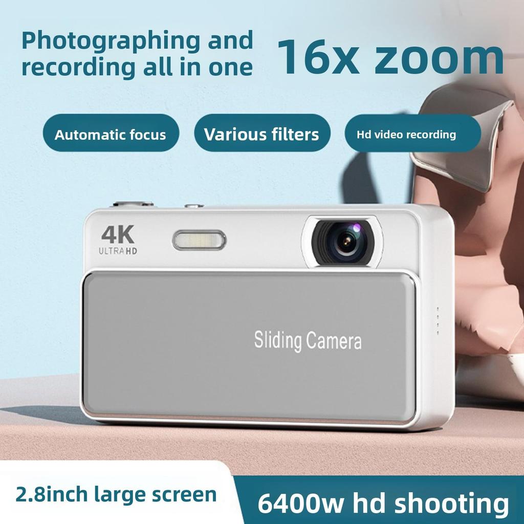 Sxhlseller 4K Digital Camera 64MP Retro Slide Camera with Compact Pocket Camera for Vlogging and Travel Recording - 2.8-inch Screen, (Silver)