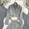 Women's Autumn Suit Collar High Waist Short Lace-Up Coat Two Piece High Waist Mid Length Split Skirt