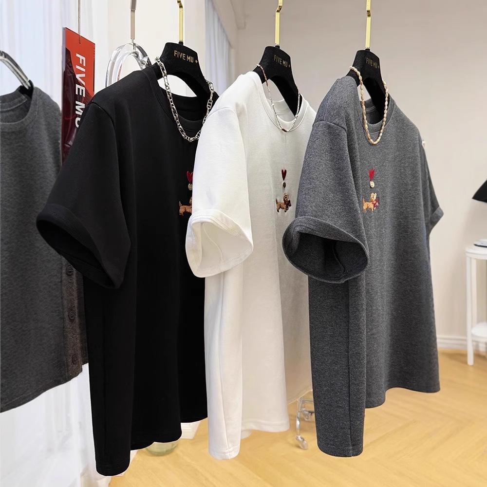 Women’s Early Spring Cartoon Embroidery Crew Neck Half Sleeve T-Shirt