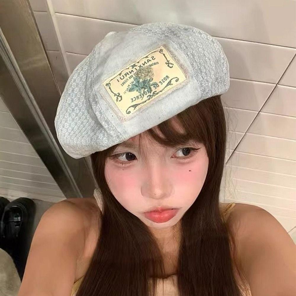 Korean Patch Splicing Beret Vintage Painter Cap Casual Denim Berets  Summer and Autumn