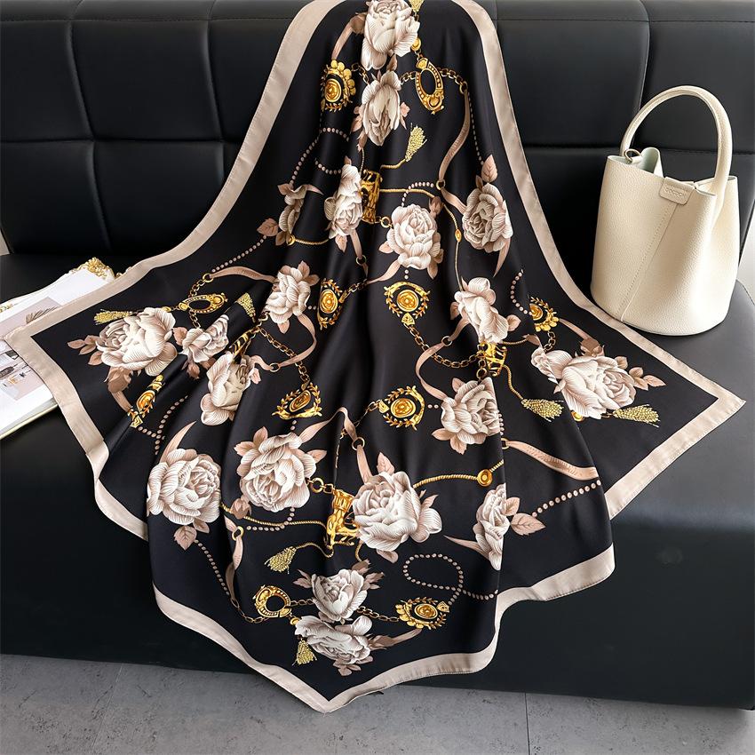 Luxury Brand Twill Camellia Printed Scarf Elegant Thin Smooth Satin Shawl Summer Windproof Sunscreen Square Scarf For Women