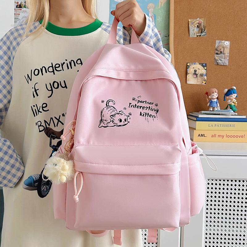 Schoolbag Korean Version Small Fresh Schoolbag Female Junior High School High School Student Printed Kitten College Student Backpack Ins Simple Back