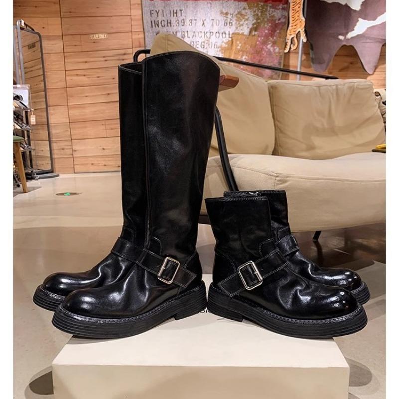 Washed cowhide real locomotive knight boots thick-soled belt buckle short boots women's locomotive boots retro Martin boots