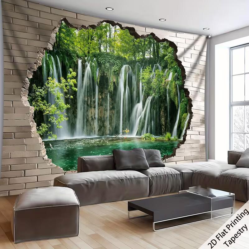 2D Broken Wall Waterfall Forest Tapestry Nature Scenery Wall Hanging for Bedroom Living Room