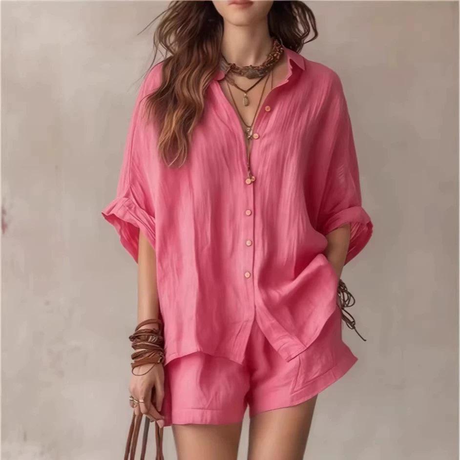 2026 Spring/Summer Women's Solid Color Loose Button-Down Shirt and Shorts Fashion Casual Set