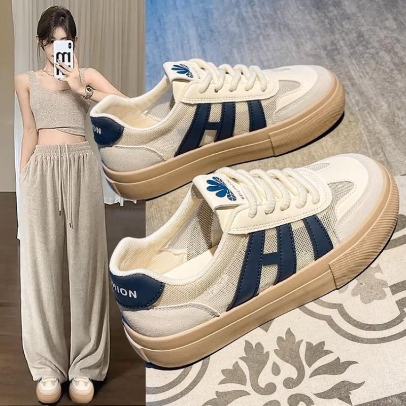 Summer New Trendy Striped Board Shoes Women's Mesh Breathable Little White Shoes Thick-soled Trendy Women's Shoes