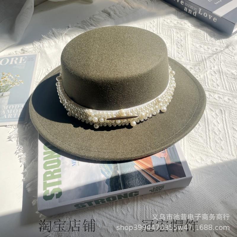 White Pearl Flat Top Woolen Top Hat Female Autumn and Winter British Retro Socialite Elegant French Wide Brim