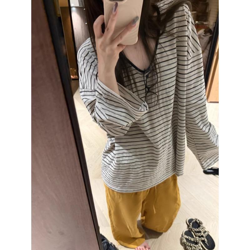 Contrast Striped Long-sleeved T-shirt for Women Summer Thin Blouse Loose Lazy Relaxed and Temperamental Top