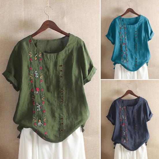 O-Neck Short Sleeve Loose Fit Women Shirt Embroidery Flower Print Buttons Decor Shirt Top Streetwear