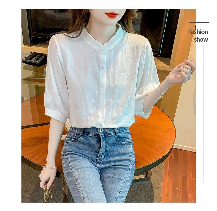 2024 Summer Women's Loose-Fit Pure Cotton Five-Sleeve Stand-Collar Top