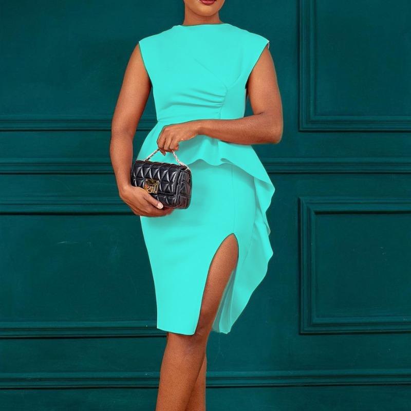 Summer's new solid-color pleated ruffle edge split hip-wrapped professional dress