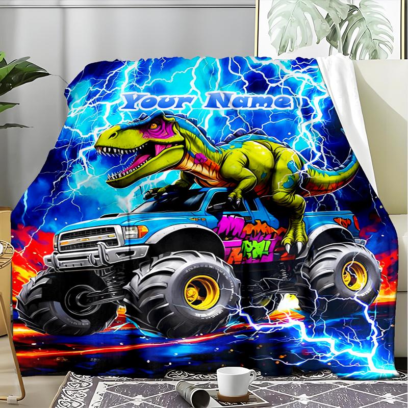 1PC Custom Name Dinosaur Monster Truck Adventure outdooor Flannel blankets Patterns Throw Blanket All-Season Soft Gift for Couch, Bed, Camping gifts
