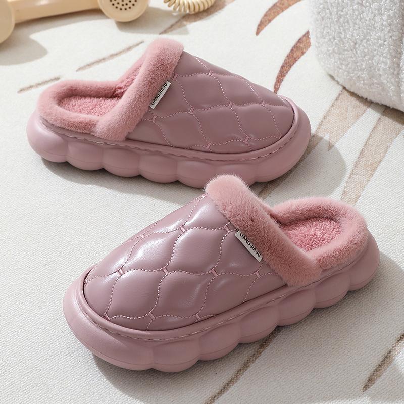 Leather cotton slippers couple autumn and winter home warmth home indoor non-slip thick-soled plush slippers men