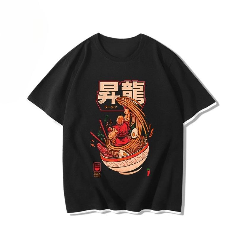 Men Ryu Ramen Noodle Print T Shirt Street Fighter Retro Japanese Anime Fighting Game Cotton Short Sleeve Casual Streetwear Tops