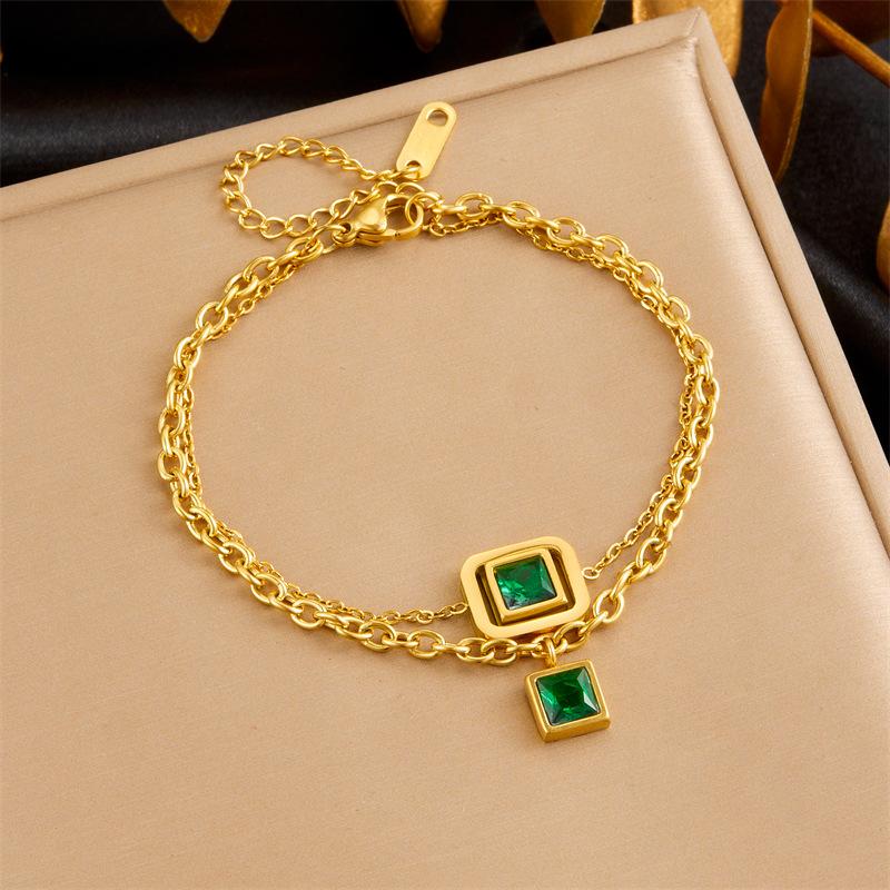 Gold Square Emerald Cz Jewelry Set Necklace Bracelet Hoop Earrings