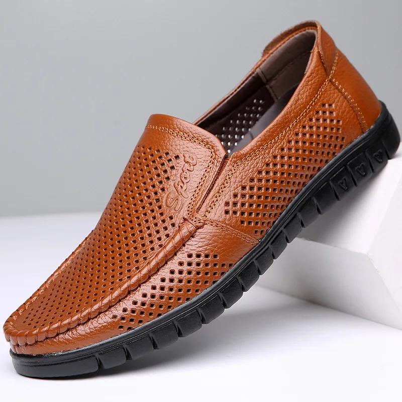 Men Summer Breathable Hollow Sandals Cowhide Genuine Leather Soft Sole Flats Loafers Casual Shoes