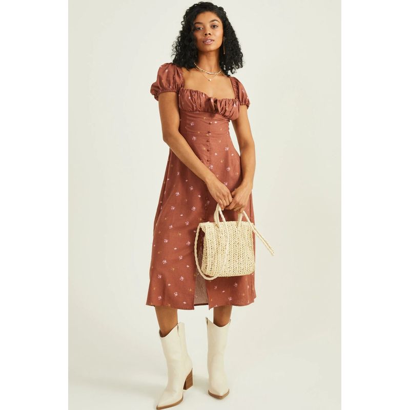 

Meipai Sweetheart as Yu Shuxin Same Design Improved Version Flower Linen Mid-Length Dress USD 99 Cocoa Print Department Natural linen silk fabric