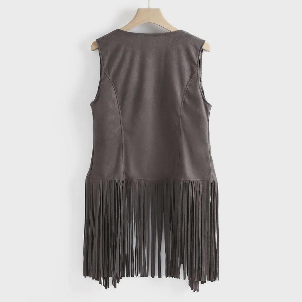 Giacca con Frange Stile Europeo e Americano da Donna 2025, Velluto Scamosciato, Gilet Mid-Length Senza Fibbia.