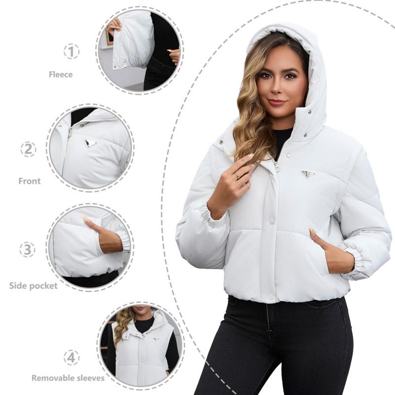 Womens Detachable Sleeve Puffer Vest Coat Thick Warm Cotton Jacket Hooded Short Street Style