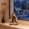 Christmas Tree Wooden Figurines Tabletop Decor with Warm LED Lights, 2D Printed Snow Village Scene Decorative Church And Sleigh Sets Santa Reindeer