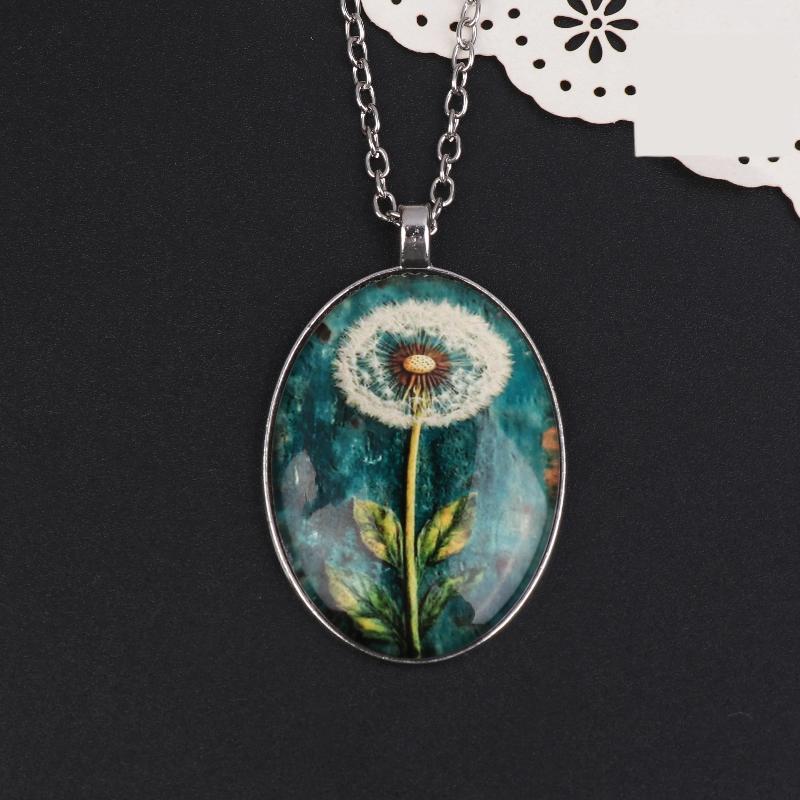 Сплав Временной Самоцвет (Одуванчик/Четырехлистный клевер) Овальное подвесное ожерелье