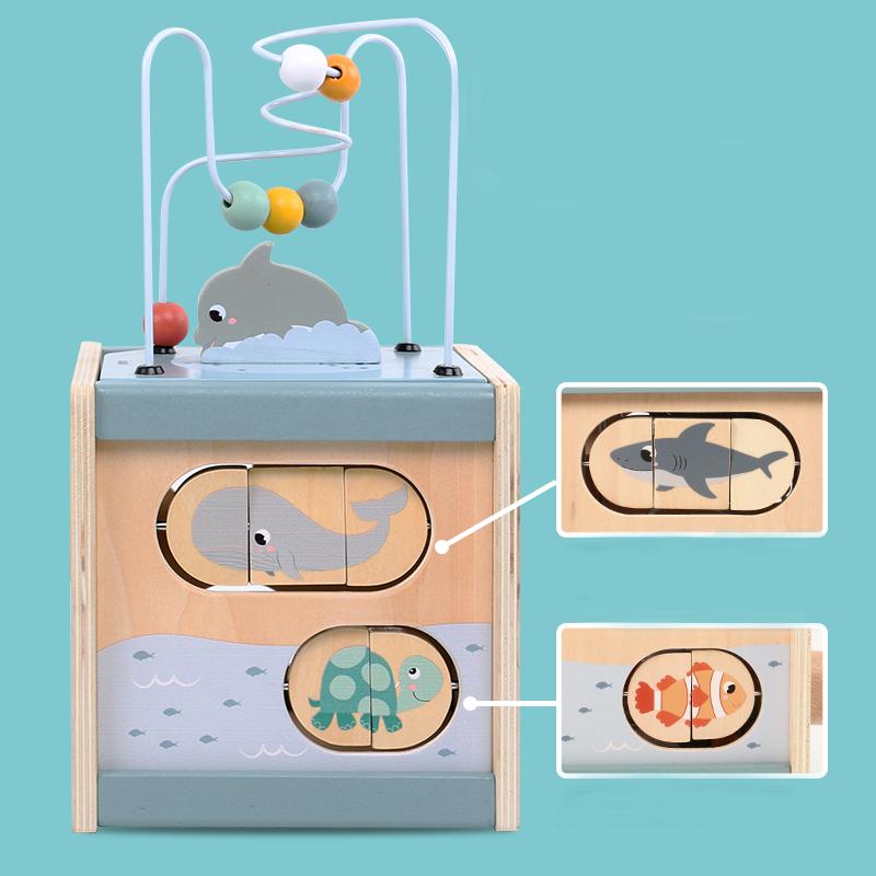 Wooden Activity Cube For Toddlers 5In1 Animal Shape Sorter Bead Maze Montessori Educational Toys Baby 6-12 Months Learning Toys
