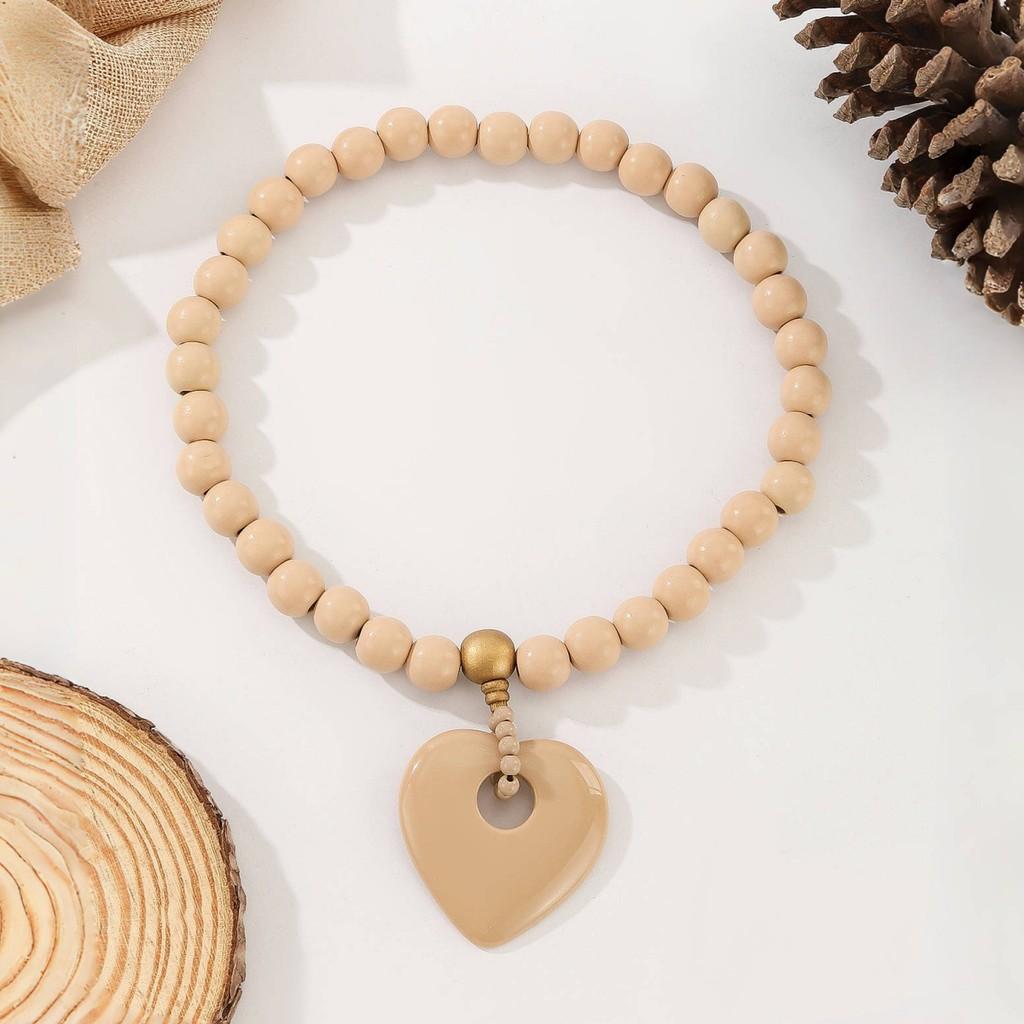 Wooden Beaded Summer Necklace Women Stretch Chain Geometric Pendant Decoration