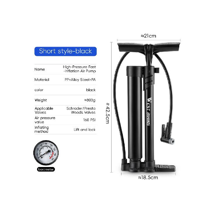 WEST BIKING High-Pressure Fast-Inflation Air Pump 160PSI High-Pressure Bicycle Pump MultiValve Compatible Air Hose Tire Inflator чёрный