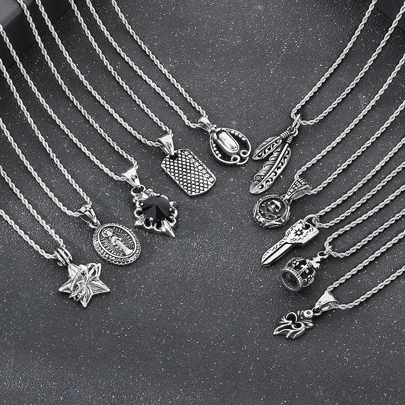 Vintage Cross Flower Inlaid With Black Zircon Necklace, Punk Style Personality Smeared Feathers Pentagram Titanium Steel Men'S Pendant