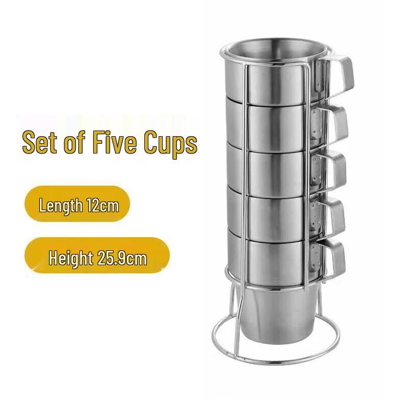 Shangqi Stainless Steel Matte Coffee Cups with Holder - Set of 2 (300ml Each)