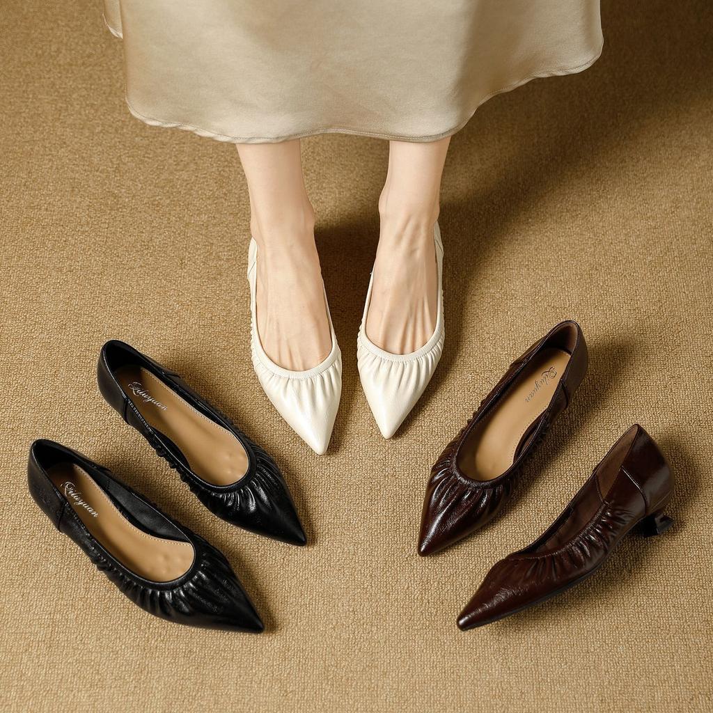 Chaussures basses à bout pointu et talon fin en cuir souple 2026 printemps plis pas de pieds fatigués chaussures à enfiler