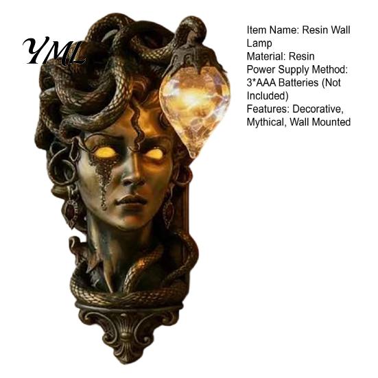 Warm Atmosphere Side Light Retro Gorgon Wall Lamp, Mythical Snake Hair Woman Resin Sculpture, Dark Style Garden Fixture Artistic Mounted for