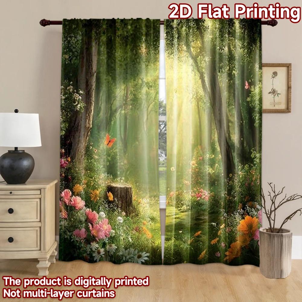 2D flat printing 2pcs Window Curtains Enchanted Forest Butterflies Sunlight Meadow Digital Printed Polyester Drapes Seasonal