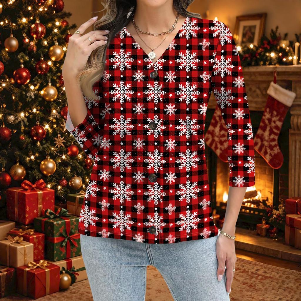 Women's Casual Christmas Print Button Down Shirt with 3/4 Sleeves
