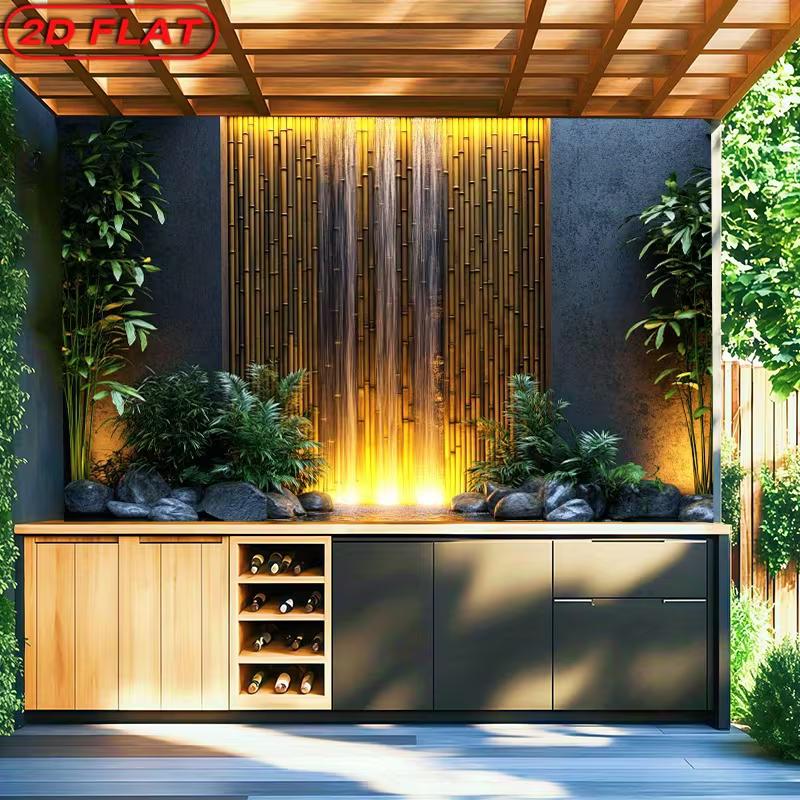 2D Modern Bamboo Water Feature Backdrop Photography Background Banner