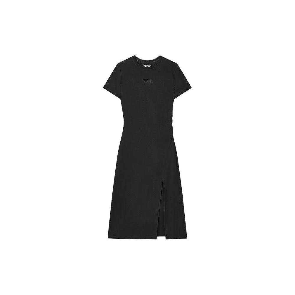 

FILA Original Logo Solid Color Slit Fashion Casual Simple Slim Knit Round Neck Pullover Short Sleeve Dress Women dresses Black F51W429302F-BK XXL