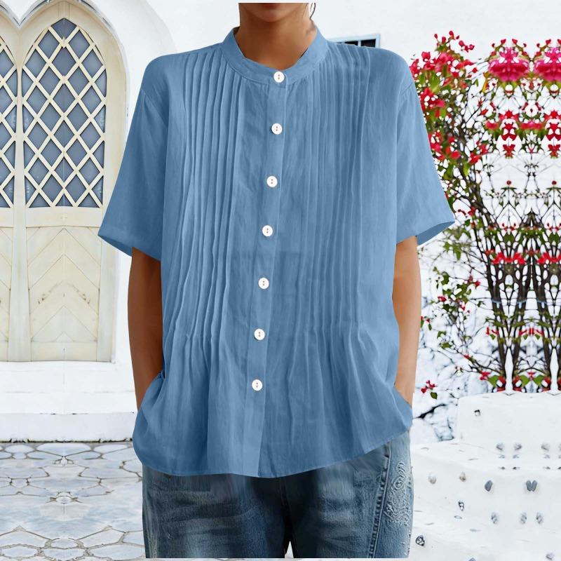 Damen Hellblau Plissierte Bluse Lässig Stehkragen Kurzarm Knopfleiste Einfarbiges Oberteil