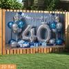 2D Blue Silver 40th Birthday Photography Backdrop Crown & Balloon Party Background